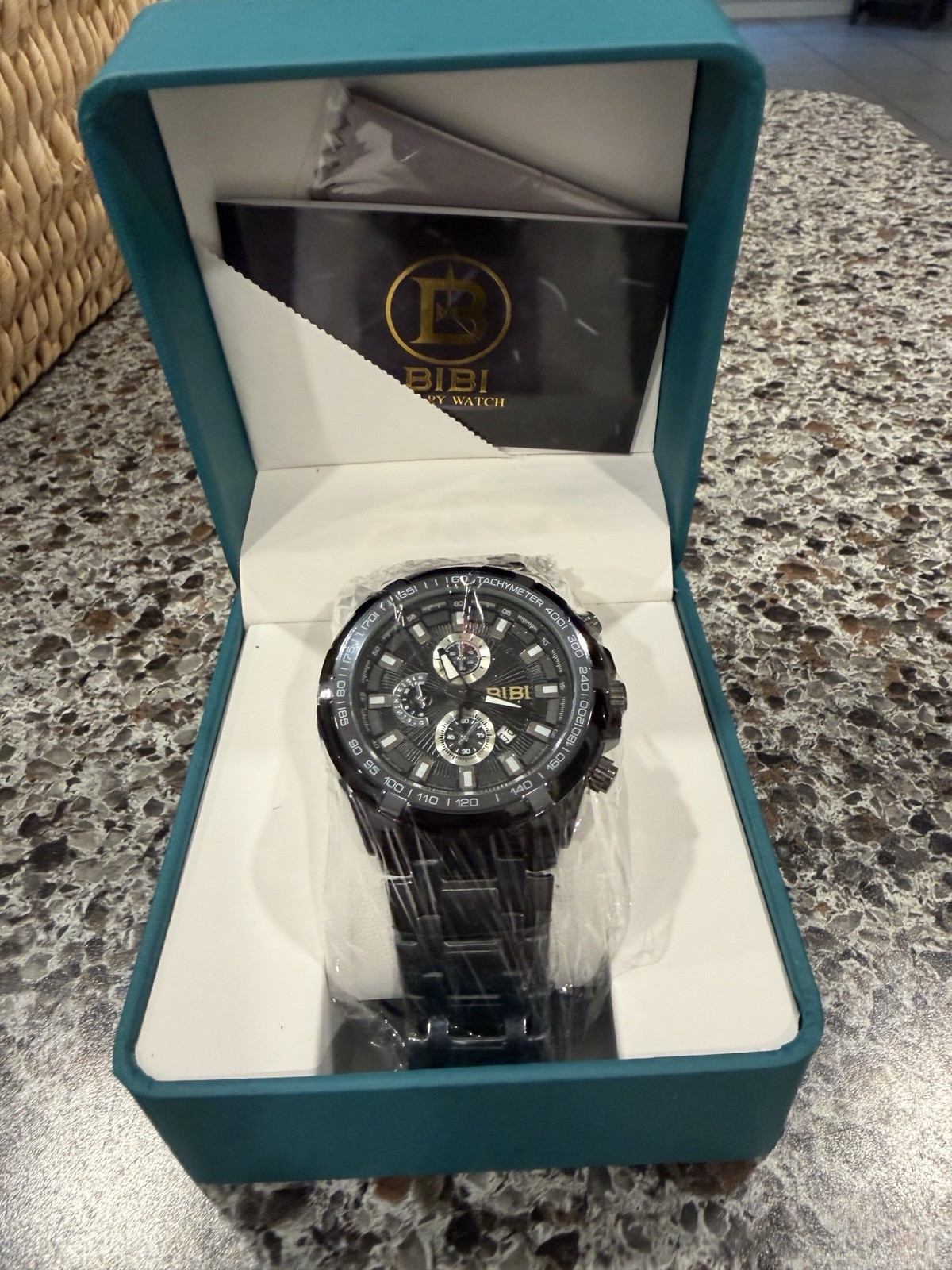 BIBI Men’s Chronograph Watch Black Dial Tachymeter Metal Bracelet w/ Box