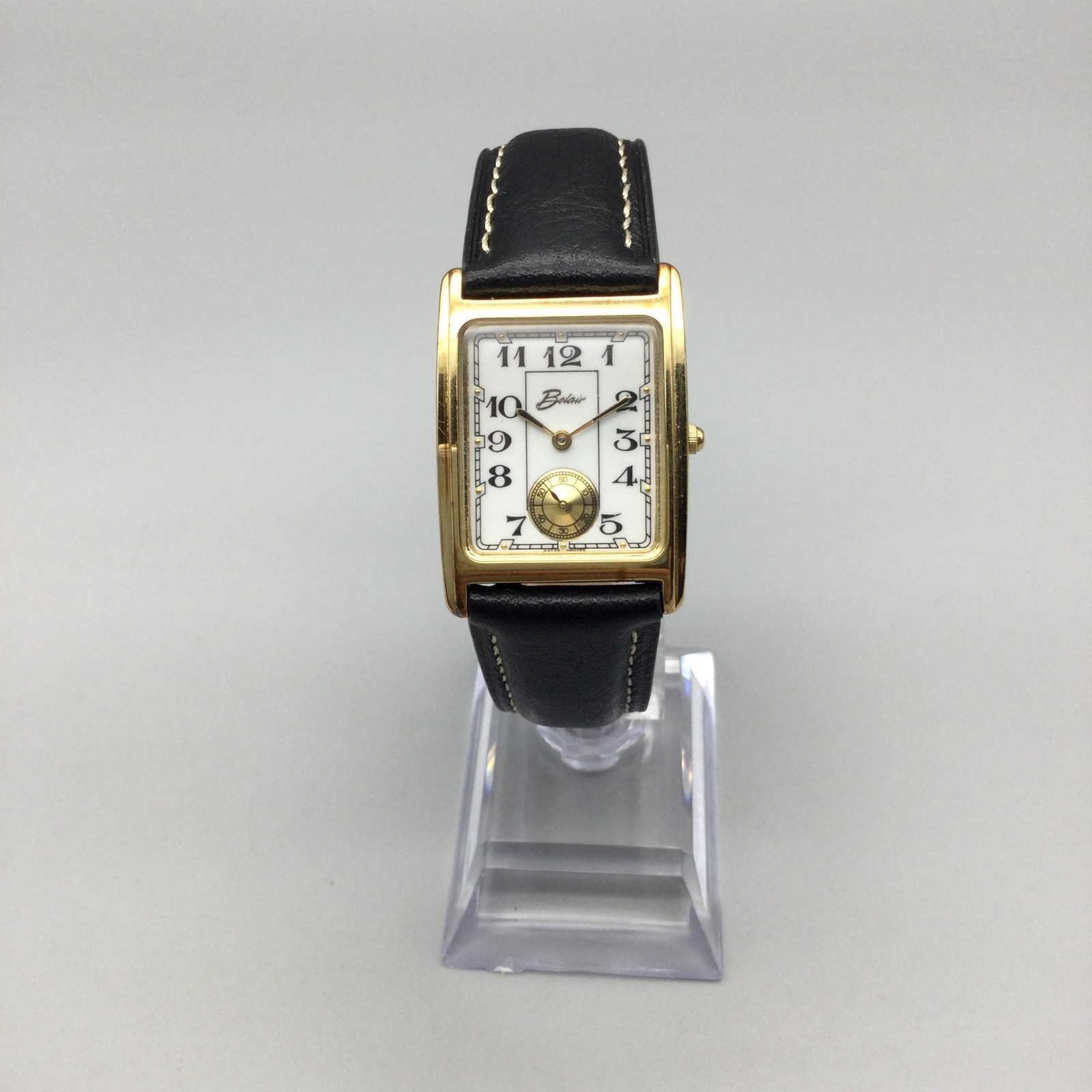 Belair Mens Watch 25mm Tank Gold Tone Black Leather 980.163 New Battery