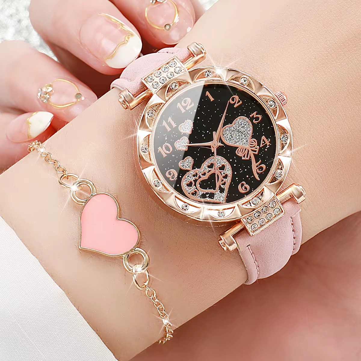 4Pcs/Set Women’S Watches Fashion Rhinestone Ladies Quartz Watch Leather Band Wri