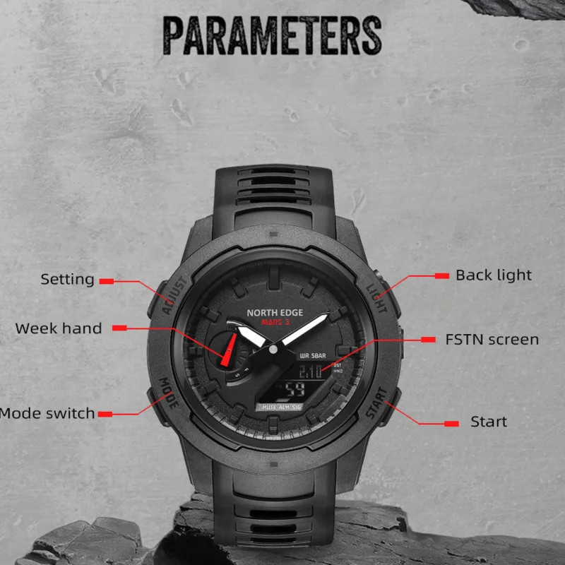 Carbon Fiber Case Men Watch MARS3 Stopwatch World Time Waterproof Quartz Wristwa