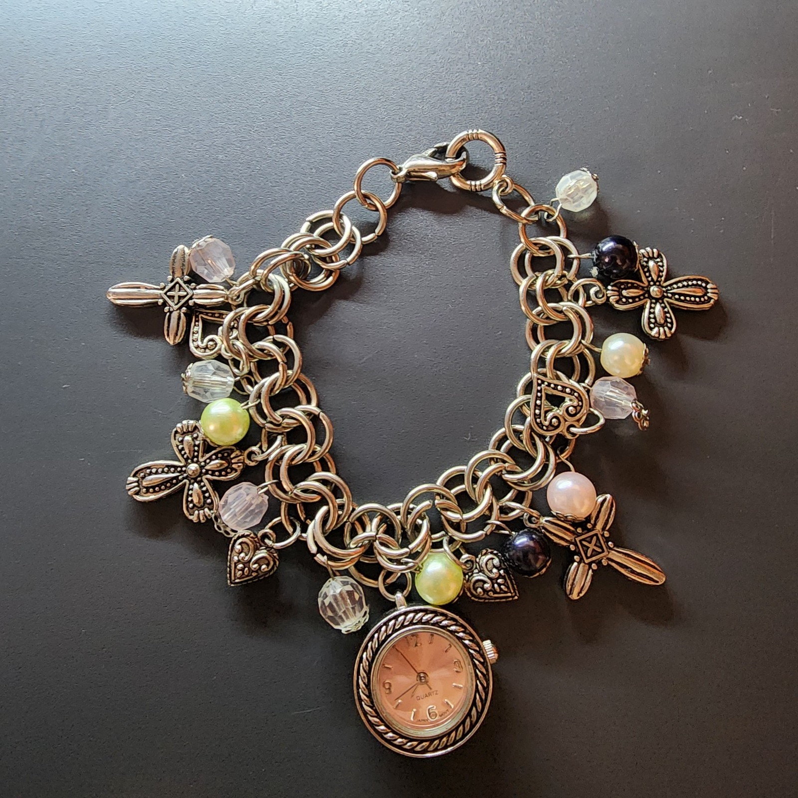 Silver Tone Charm Bangle Bracelet Quartz Watch Pink Face Cross Hearts Beads 8.5″