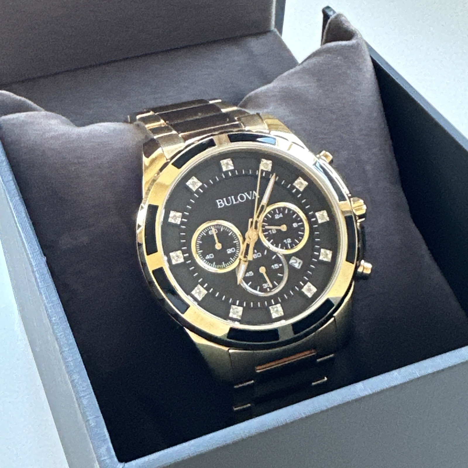 Bulova Diamond Men’s Gold Plated Stainless Steel Chronograph Quartz Watch 97D121