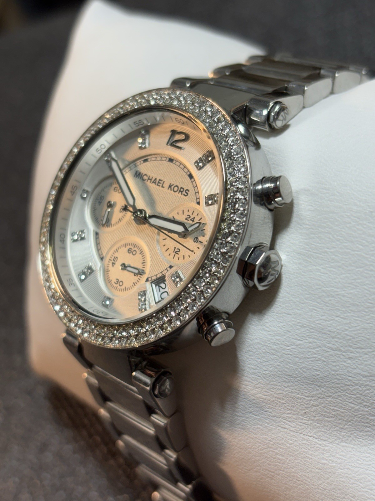 Michael Kors Women’s Parker Watch MK5353 Silver Tone Chronograph Gemmed Bezel #3