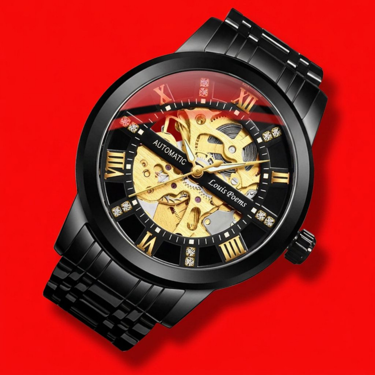 Men’s Luxury Stainless Gold Black Dial Skeleton Automatic Mechanical Wristwatch