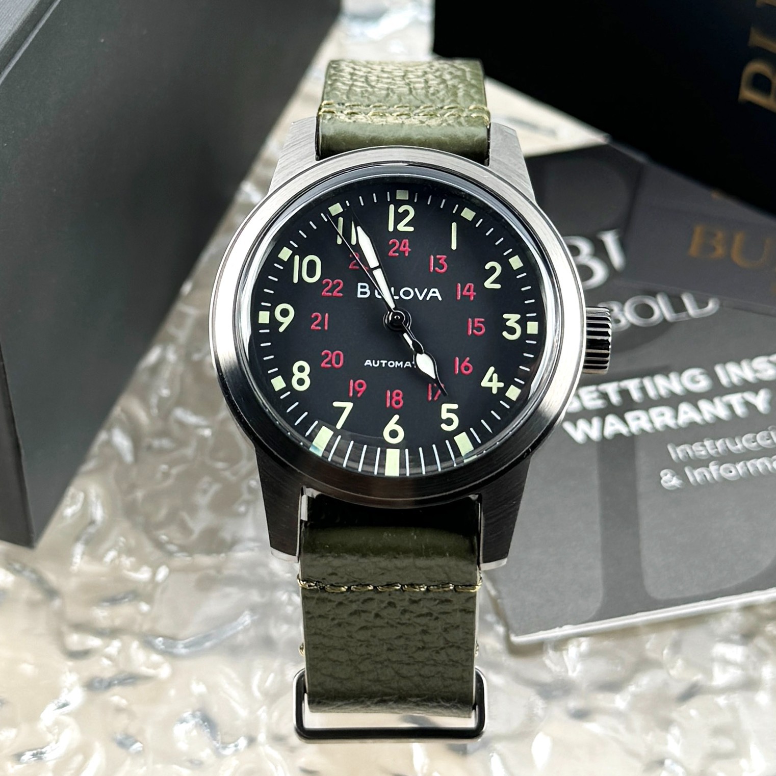 Bulova VWI Hack Automatic Black Dial Leather Strap Men’s Watch 98A255 38mm