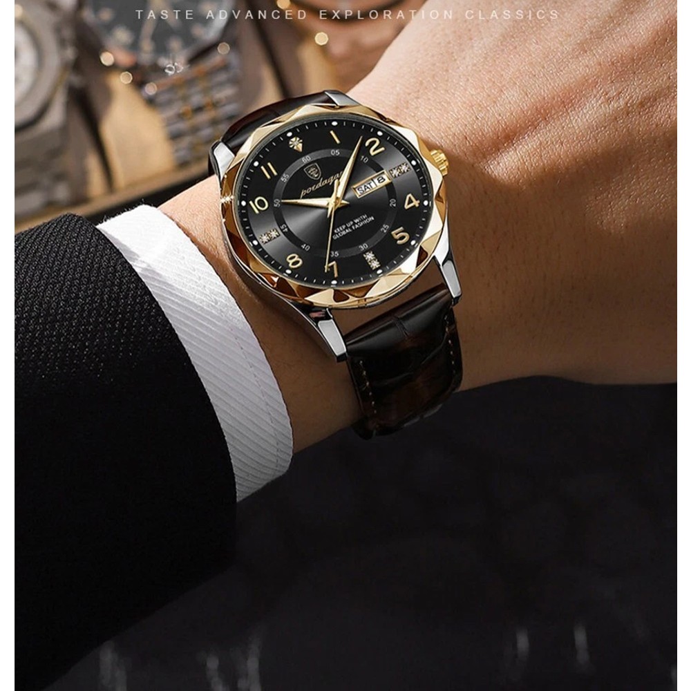 Mens Calendar Watch Quartz Wristwatch Man Leather Watches Waterproof Luminous