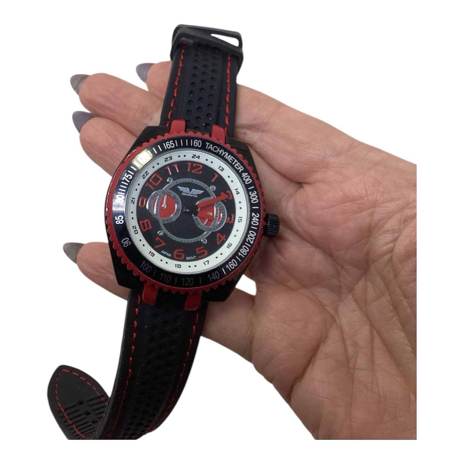 Deporte No. 9683 Tachometer Watch Black Band Red Trim Large Face Needs Battery