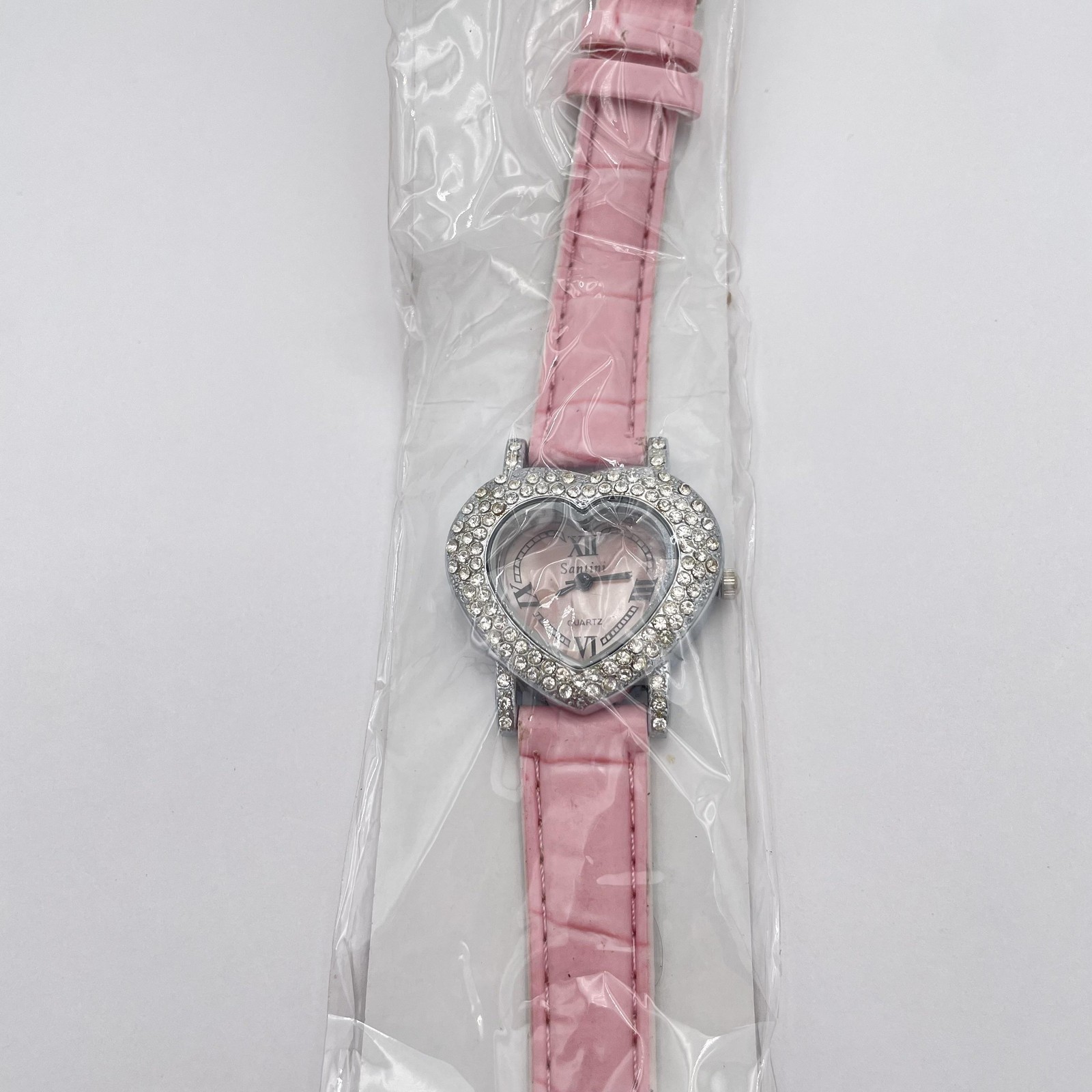 Girls Heart Rhinestone Watch Pink Strap Silver Tone Quartz Analog New Gift