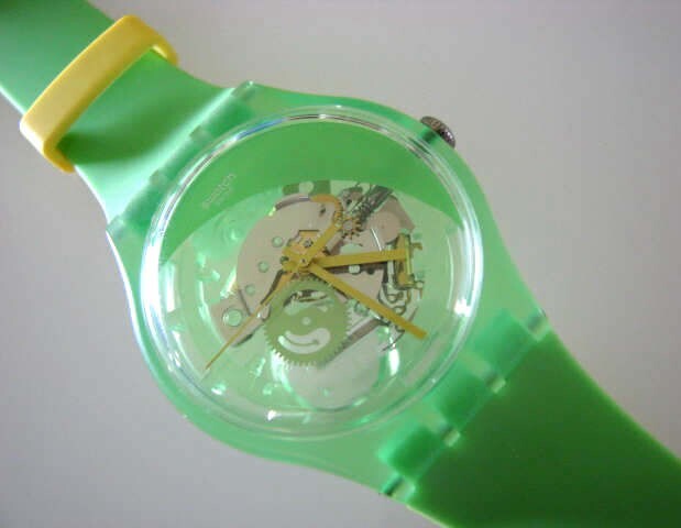 POMME-TECH! Neon GREEN New Gents Swatch w «SEE THRU» Dial & Silicone Strap-NIB!