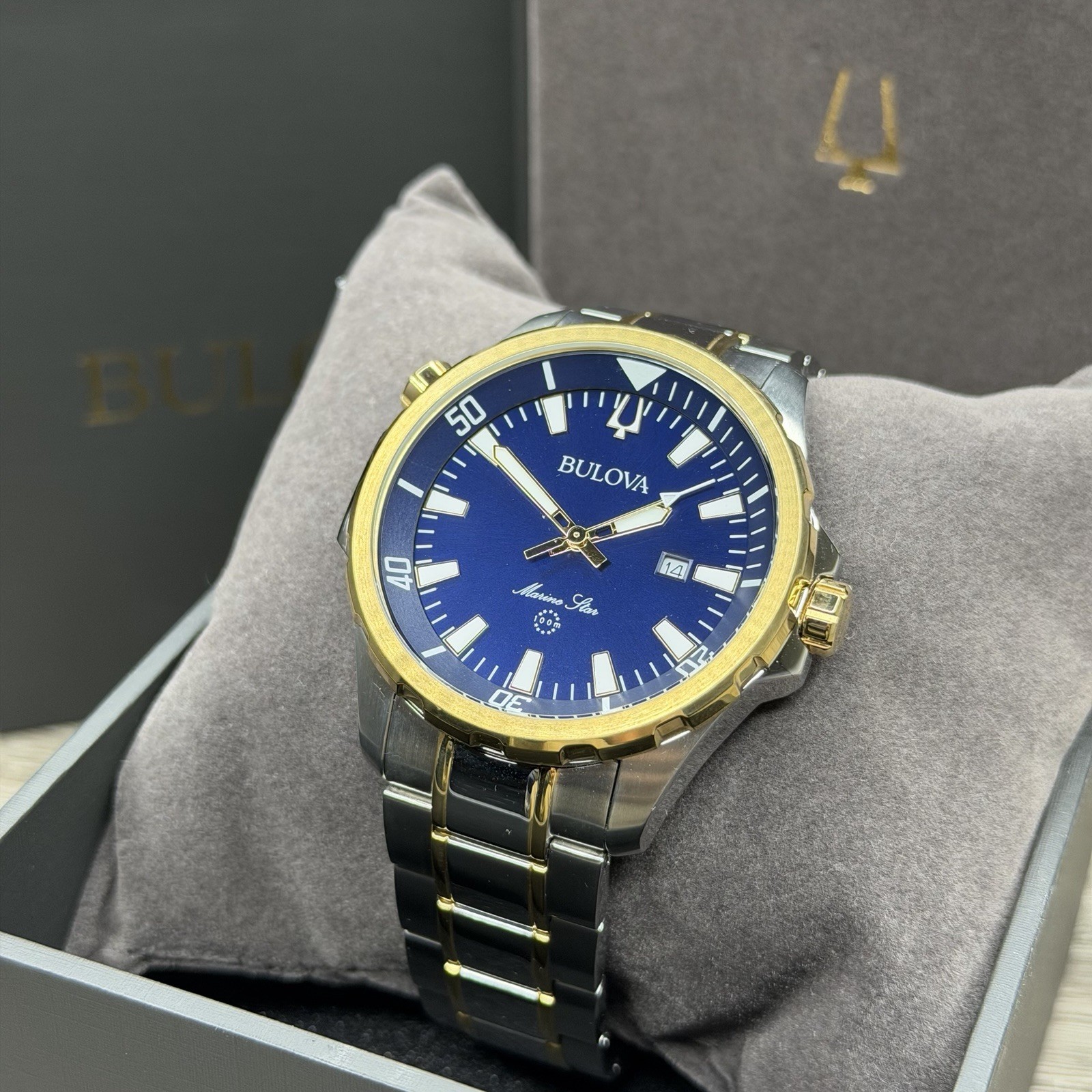 SPORT✅ Bulova Marine Star Blue Dial Calendar Two-Tone Men’s Watch 43mm 98B384