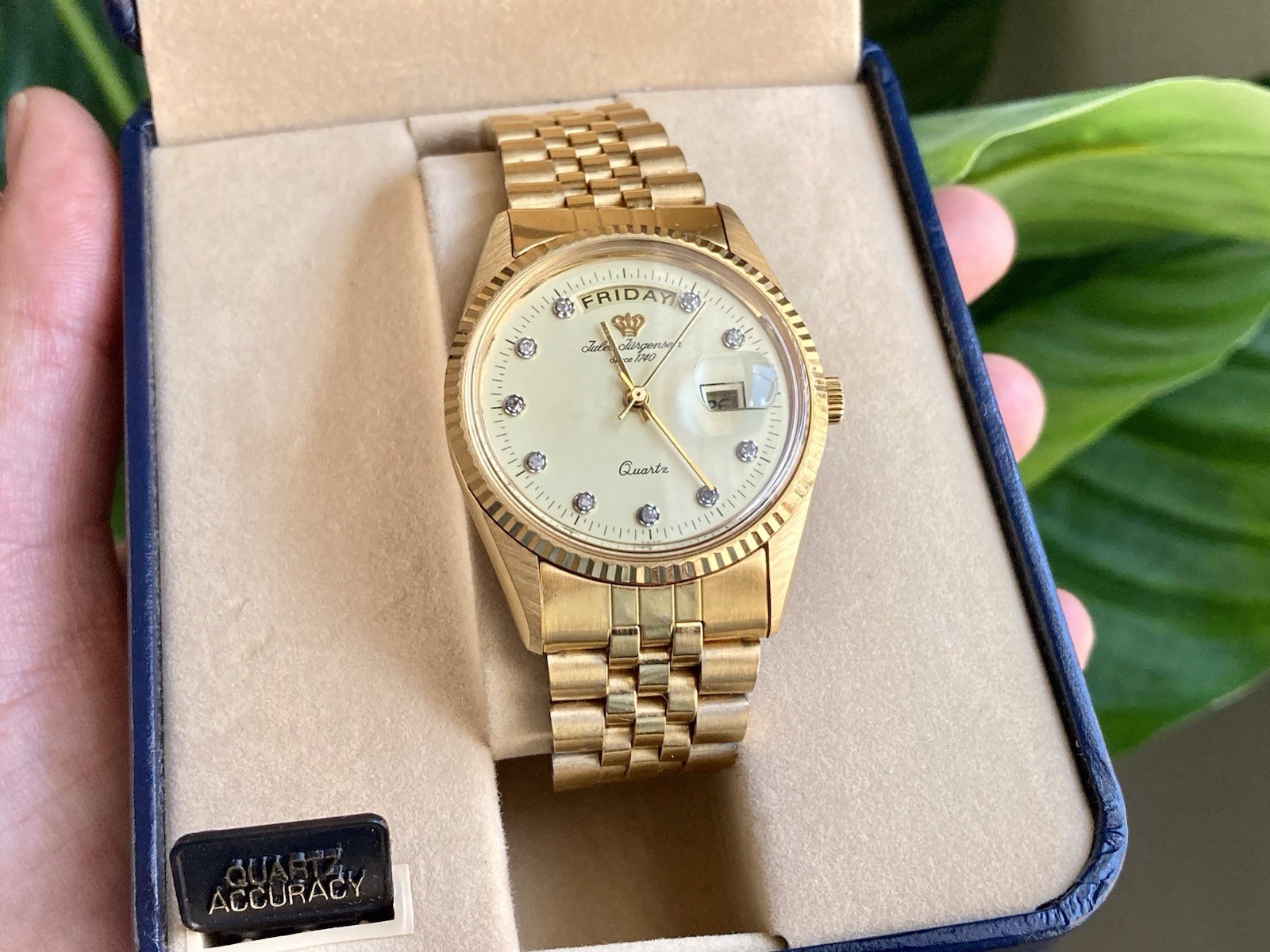 Vintage Jules Jurgensen Swiss Gold Plated President Date Day Mens Watch W/ BOX