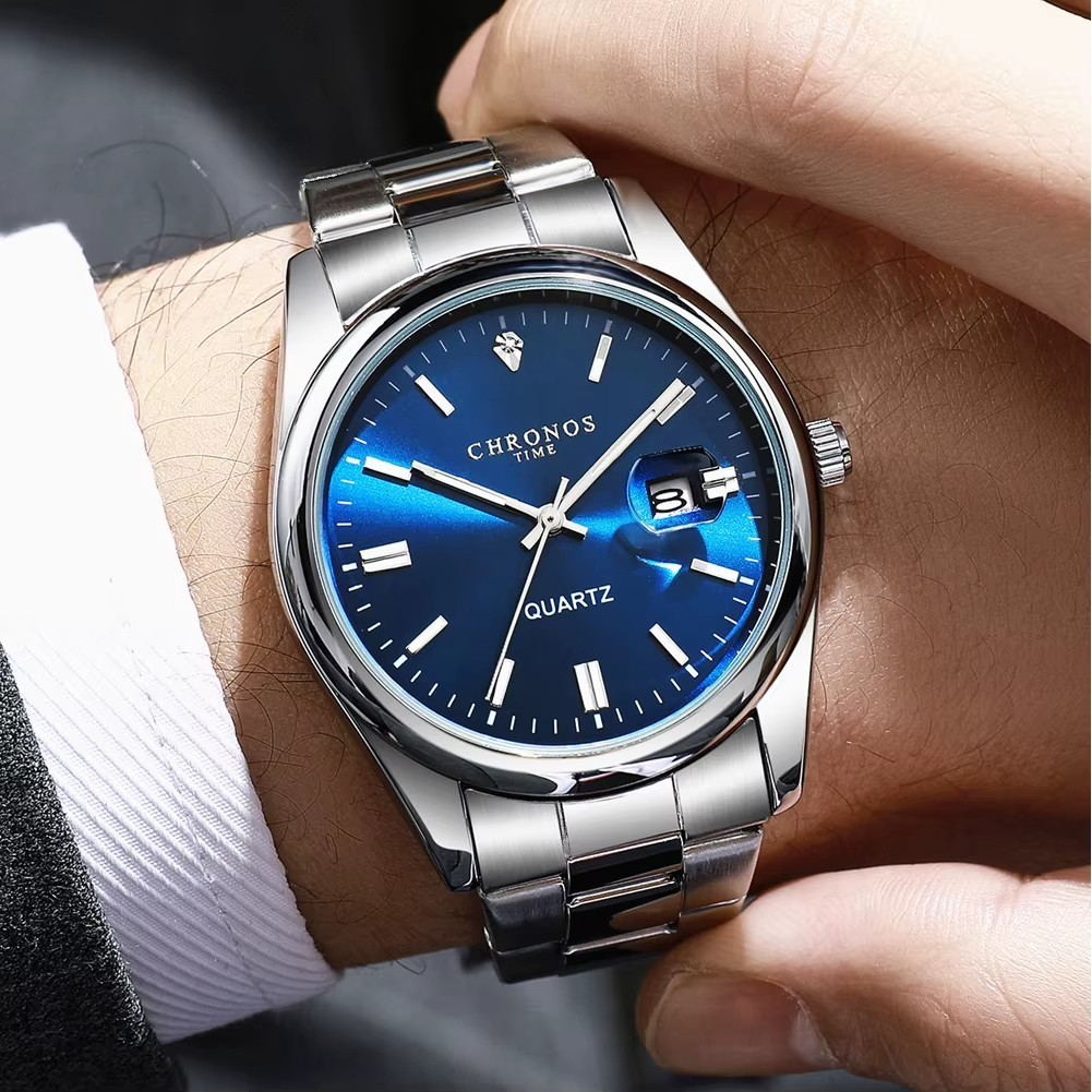 42MM CHRONOS Quartz Luxury Men’s Watch Stainless Steel Waterproof Luminous NEW