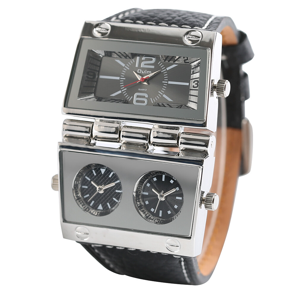Oulm Men’s Steampunk Quartz Watch Muliti Time Zone Leather Strap Wristwatch Gift