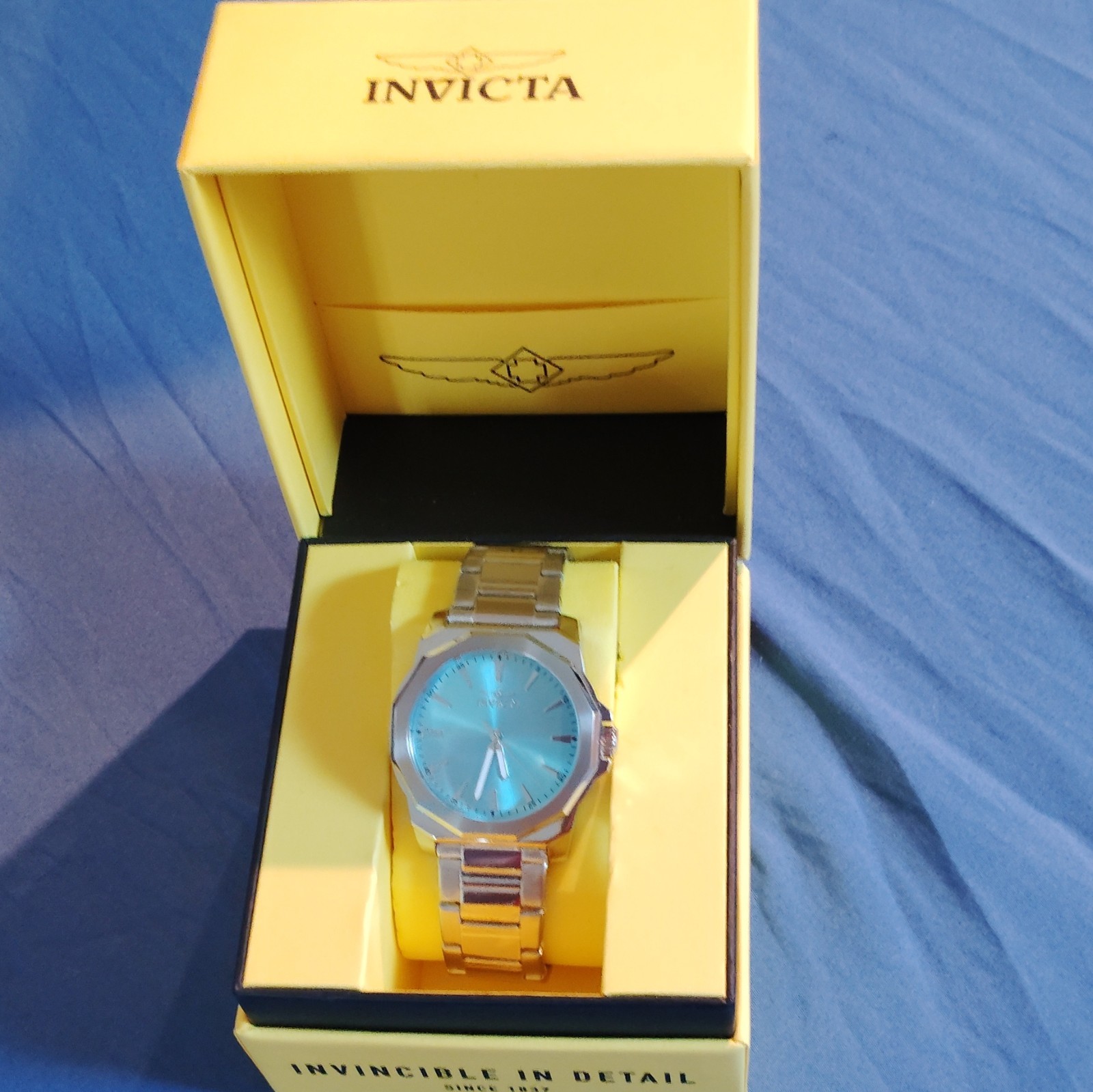 Invicta Analog Watch Blue Dial Stick Index Silver Metal Bracelet w/ Box