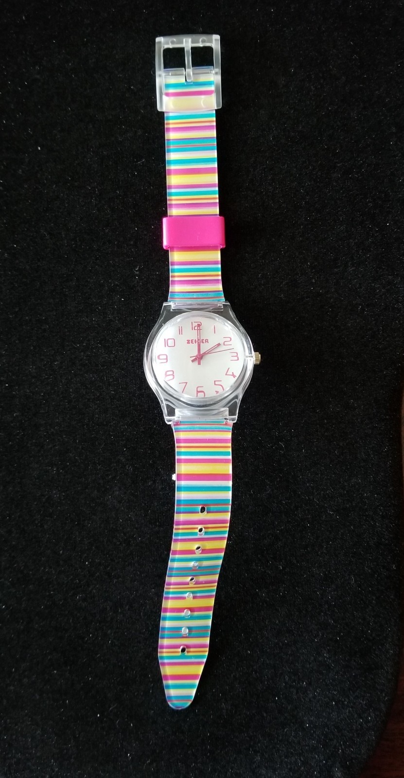 NIB Zeiger Kid’s Watch Clear Case 1ATM Multicolor Plastic Band 5″-7″ New Battery