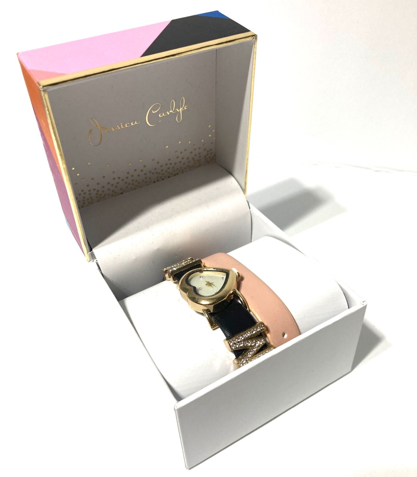 JESSICA CARLYLE LADIES GOLD-TONE HEART «MOM» WATCH WITH BLACK LEATHER STRAP NIB