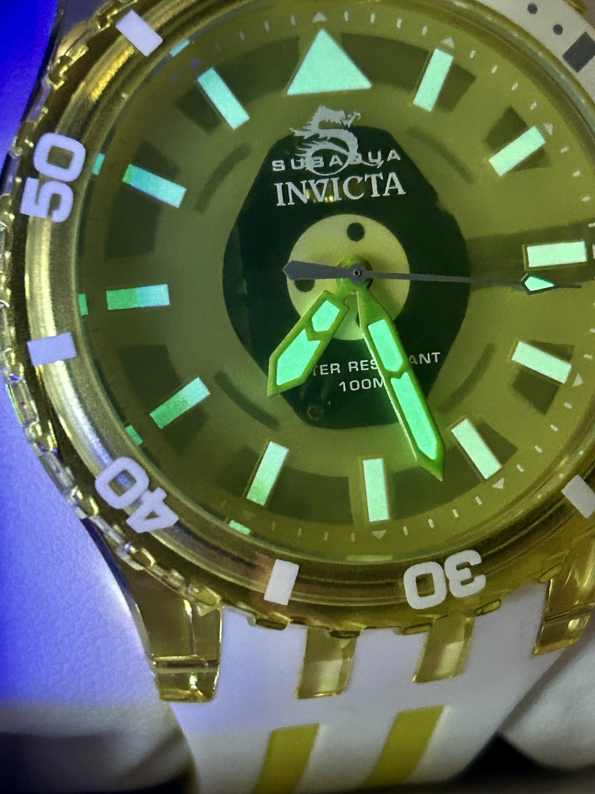 INVICTA Subaqua 44mm Watch, WR 100m, 8” Wrist, New/Box/3yr Wnty, Yellow & White