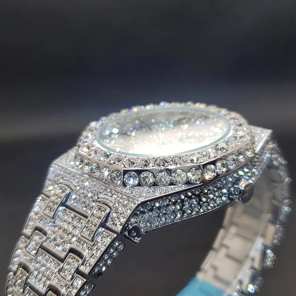 Mens Diamond Bling Watch Quartz Luxury Zircon Bezel Fashion Wristwatch