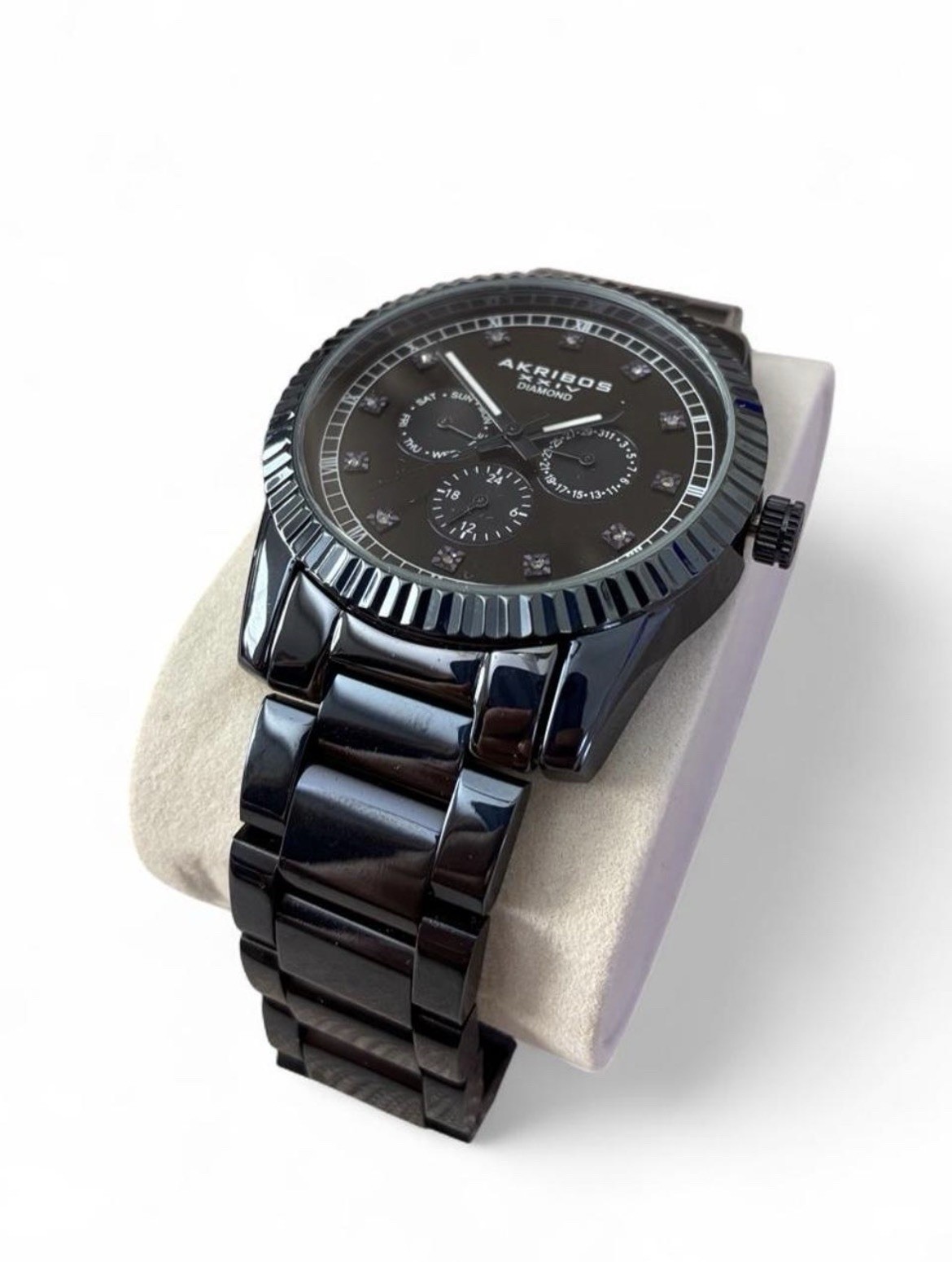 Akribos XXIV Diamond Mens Quartz Watch Black Dial Roman Numerals Bracelet