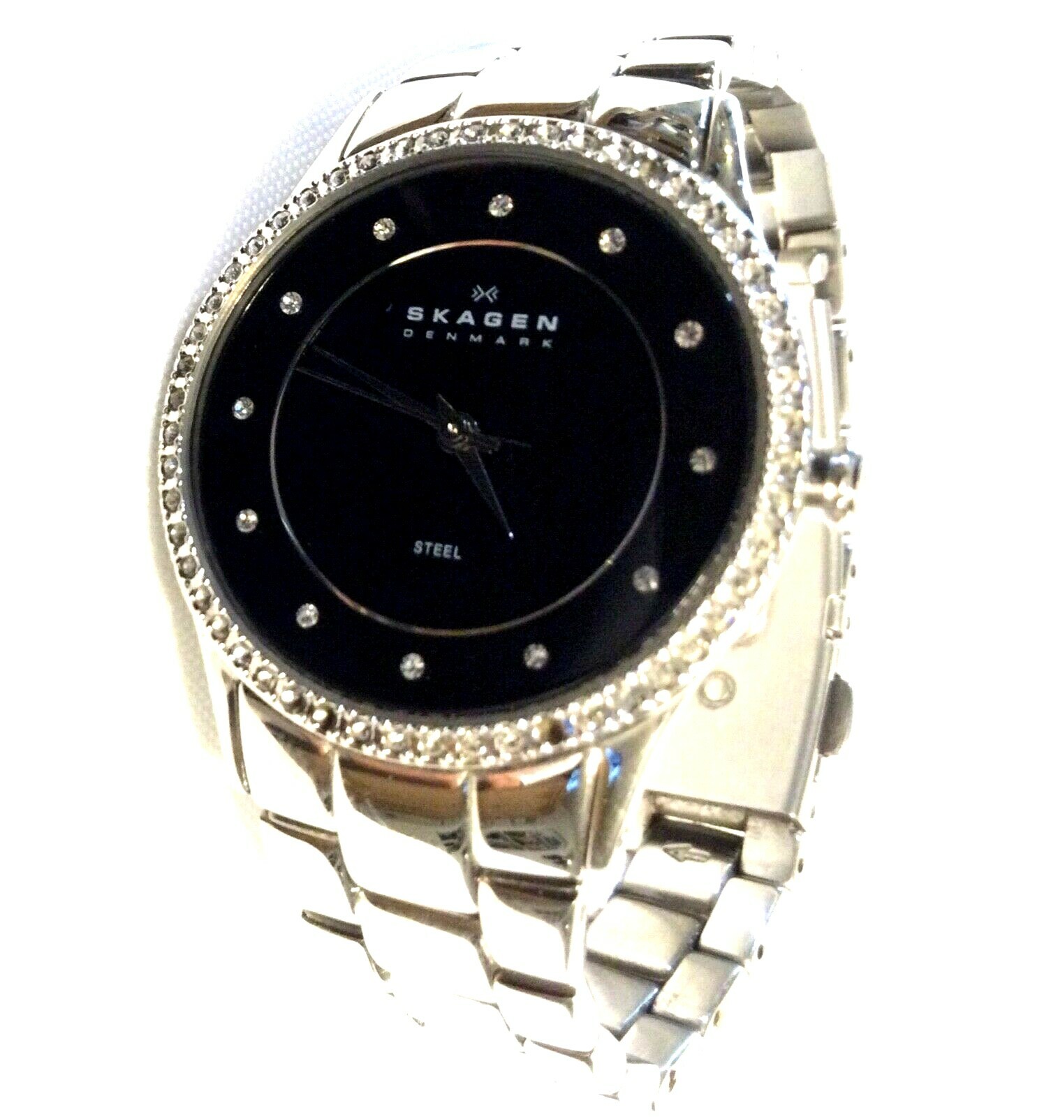 SKAGEN DENMARK LADIES WATCH Black Dial Crystal Bezel All Stainless Case & Band