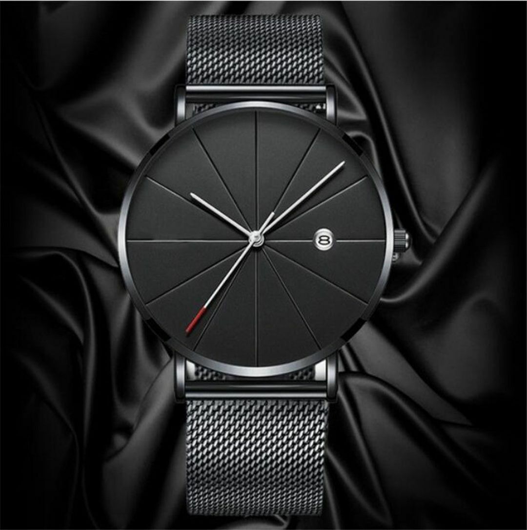 Mens Dress Wrist Watch Fashion Stainless Steel Quartz Black White hands red tip