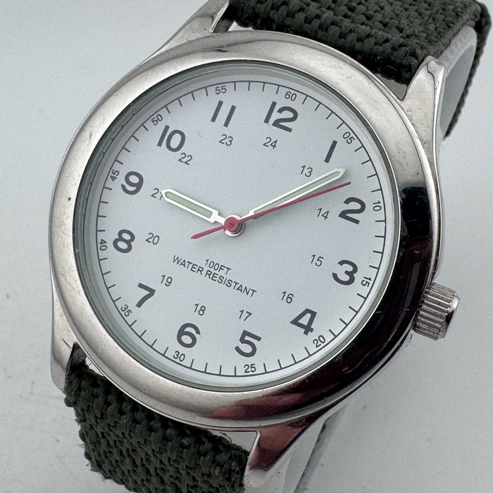 VTG FMD Japan Quartz Watch Men 30m Silver Canvas Military Dial Analog New Batter