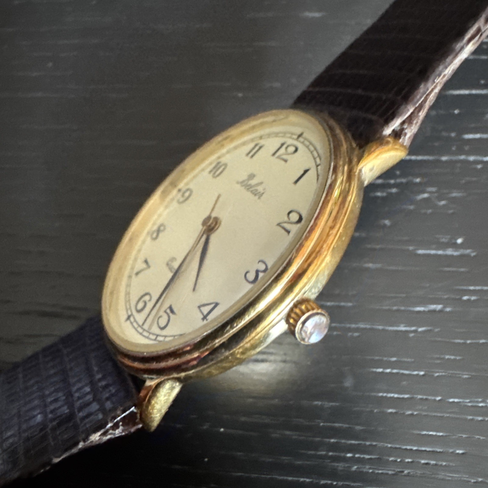 Vintage Belair Quartz Watch Gold Tone White Dial Brown Leather Band