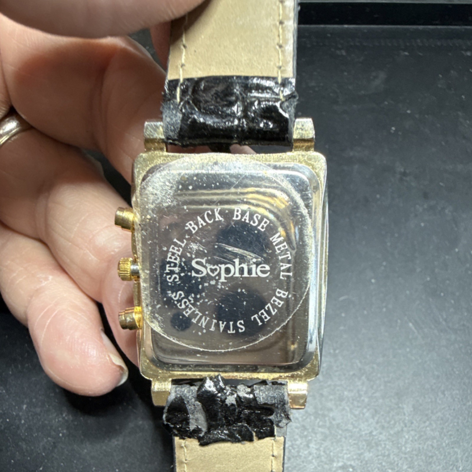 Sophie Quartz Women’s Dress Quartz Wristwatch Rectangle Gold Tone Black Leather