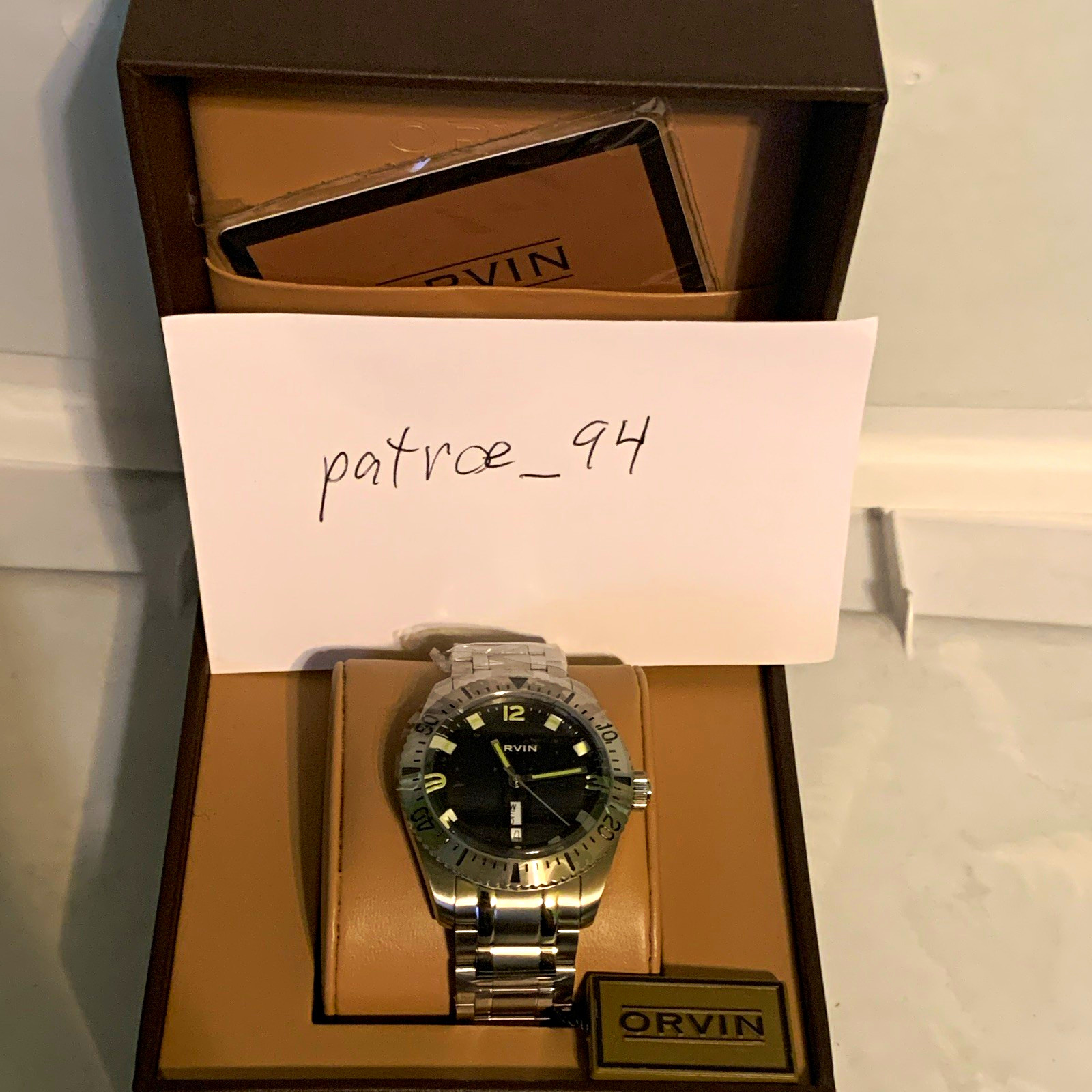 ORVIN Quartz Watch Black Dial Silver Metal Bracelet Date Count-Up Bezel Box+Man