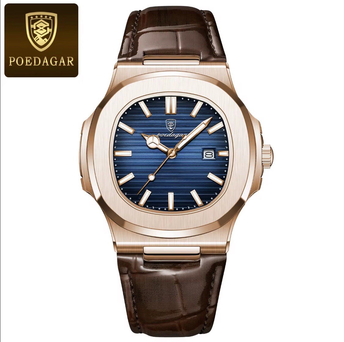 Poedagar 613 Men’s Analog Quartz Watch With Date Genuine Leather Blue Rose Gold