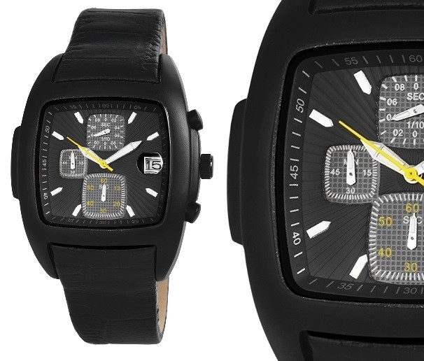 JJC Men’s Watch Wristwatch Chronograph Black Leather Strap Date 24 Hour Stopwatch