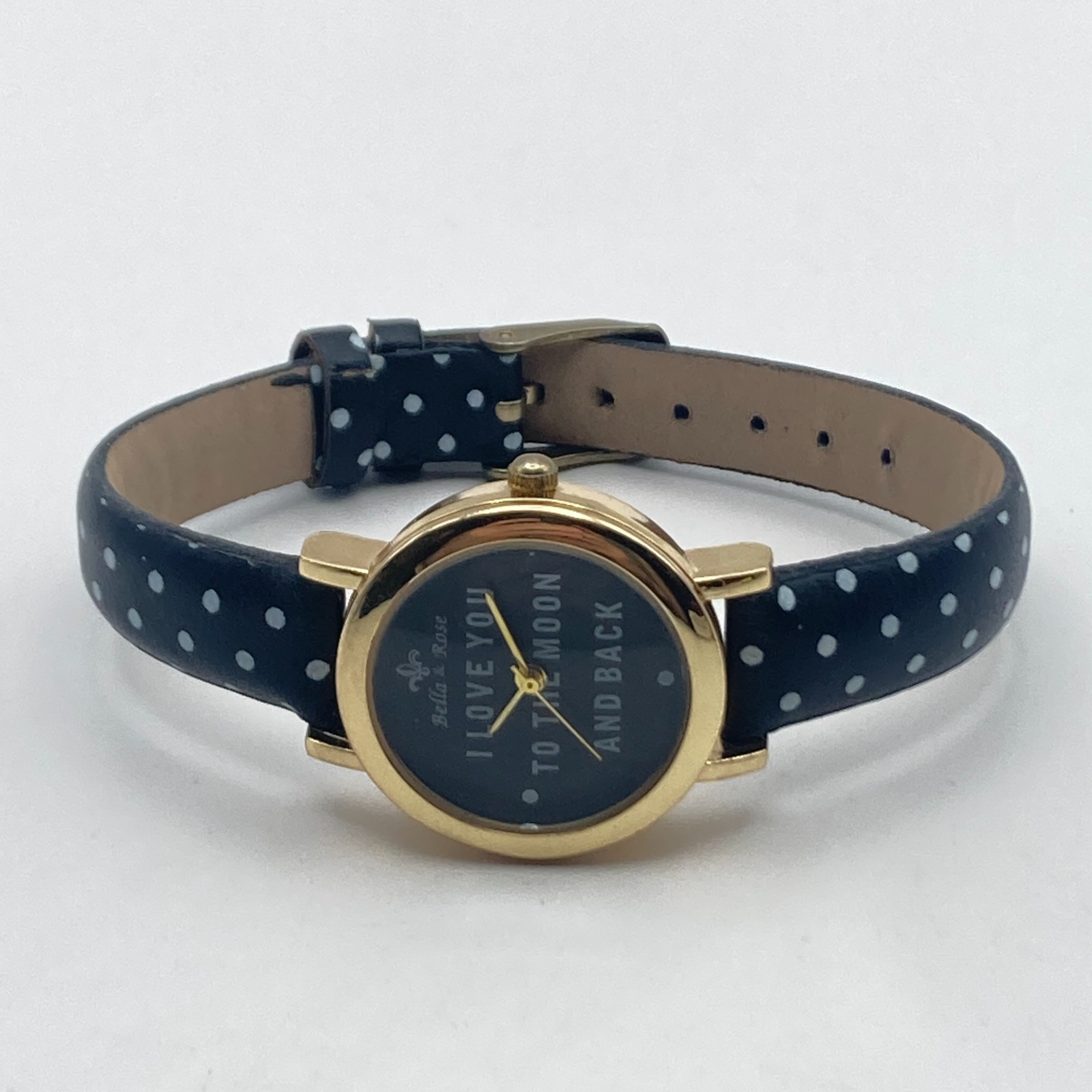 Love You To The Moon Women’s Watch 27mm Gold Tone Gift Polka Dot New Battery 8″