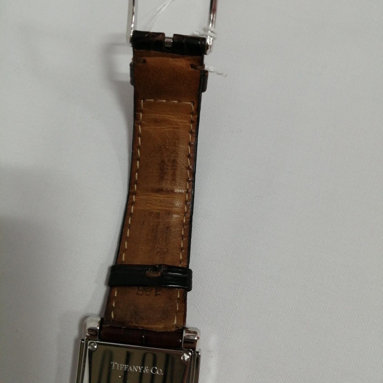 [B1N] Tiffany & Co. Grand Quartz Rectangular Silver Brown Leather Watch [x9w]