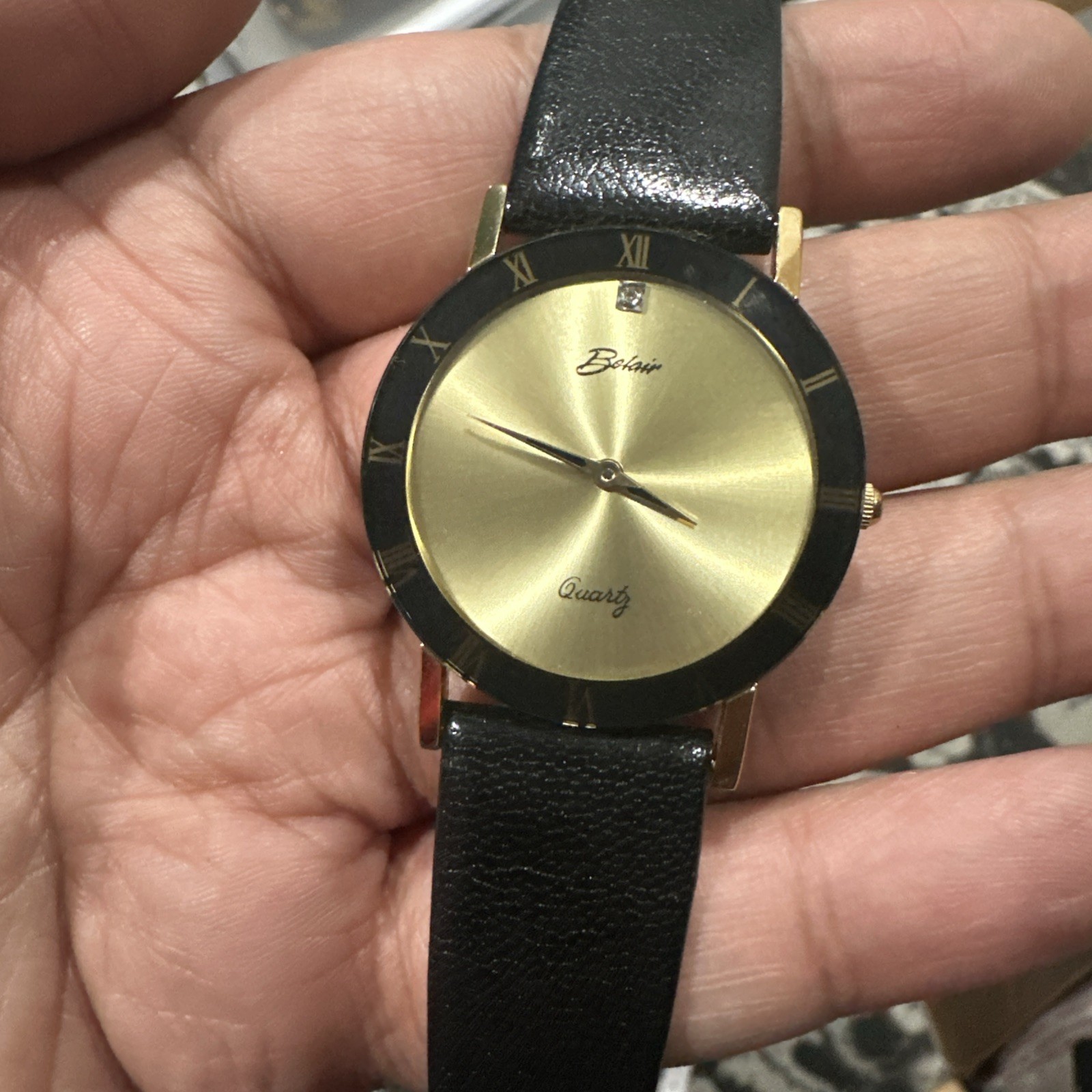 Working Vintage Belair Mens Watch Swiss Black Roman New Battery 32mm Fit 8in