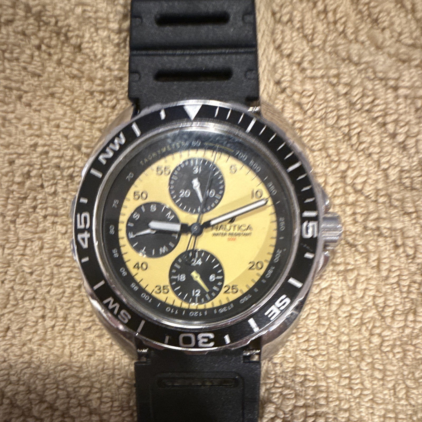 Nautica Men’s Quartz Sport Watch Yellow/Black Dial Black Rubber Strap 45mm