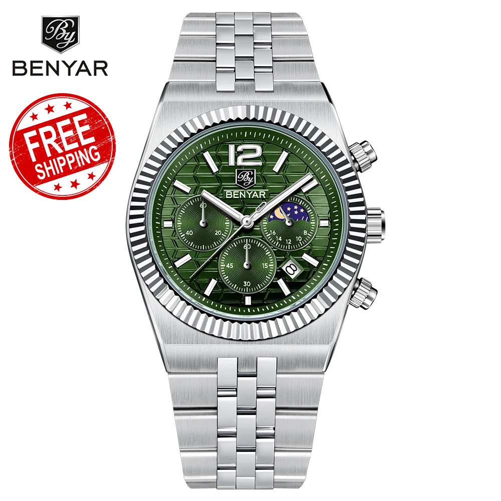 BENYAR Men’s Quartz Chronograph Moon Phase Watch Waterproof Luminous