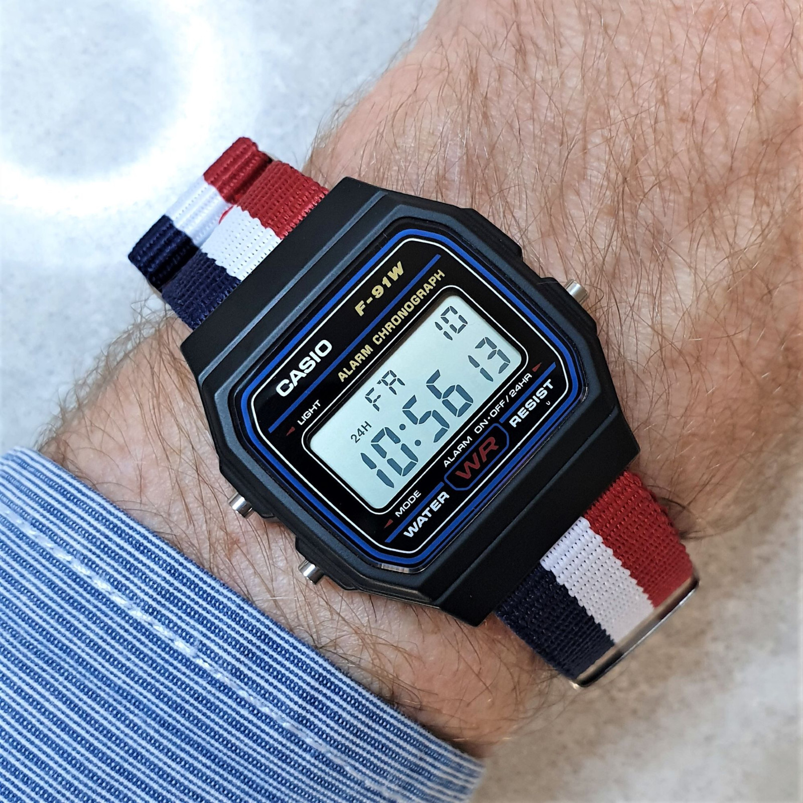 Casio F-91W Watch on a red, white and blue Ballistic Nylon Strap, F-91W-1YEF