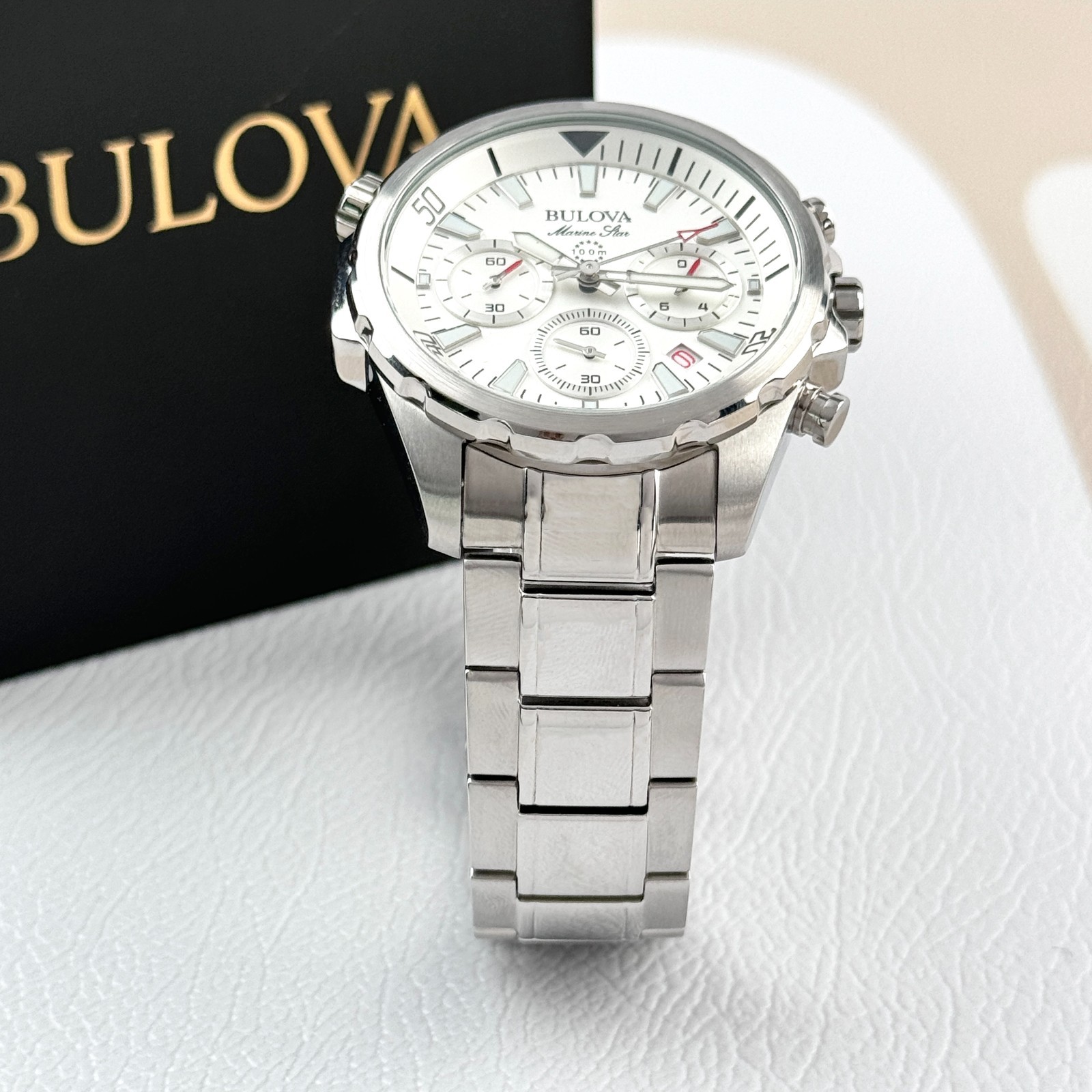 Bulova Mens Marine Star 43MM White Dial Stainless Steel Chronograph Watch 96B255