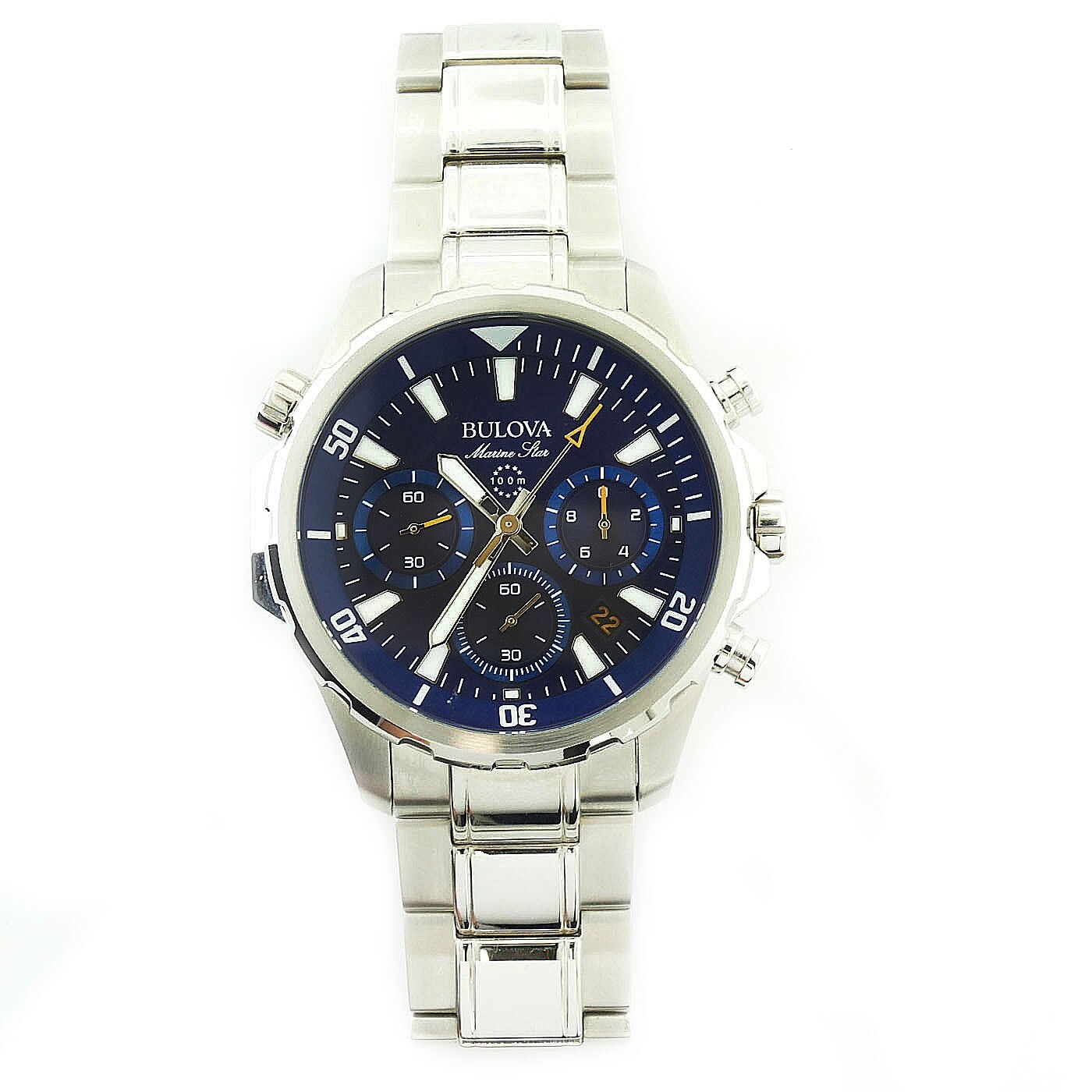 BULOVA 96B256 MARINE STAR BLUE DIAL CHRONO S.S. QUARTZ WATCH W/BOX+PAPERS