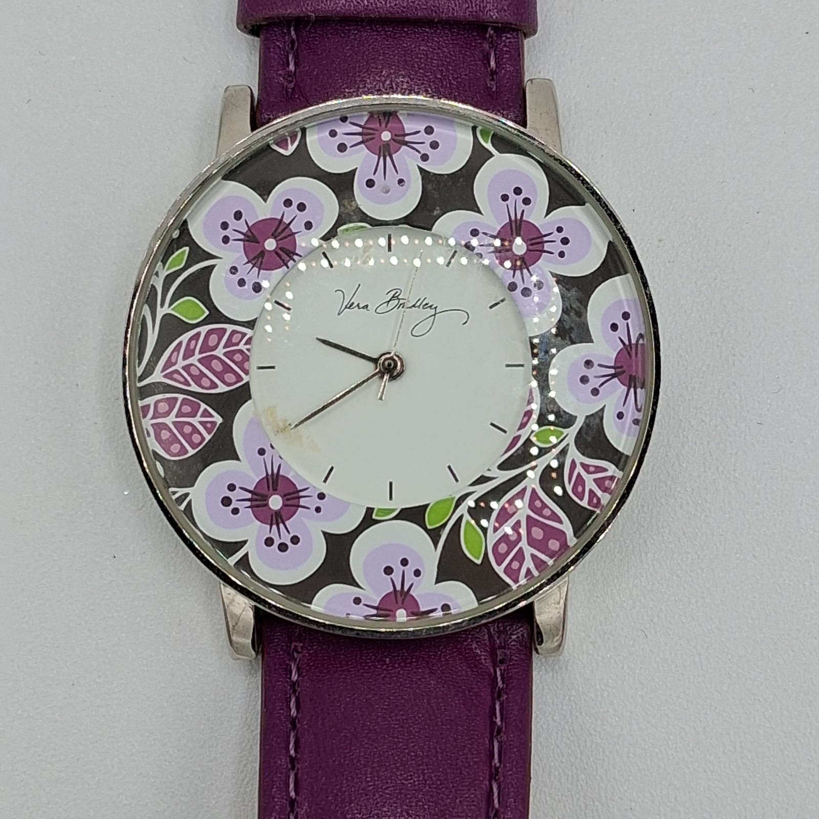 VERA BRADLEY Floral Design Watch Purple Leather Silver Tone 35mm Needs Battery