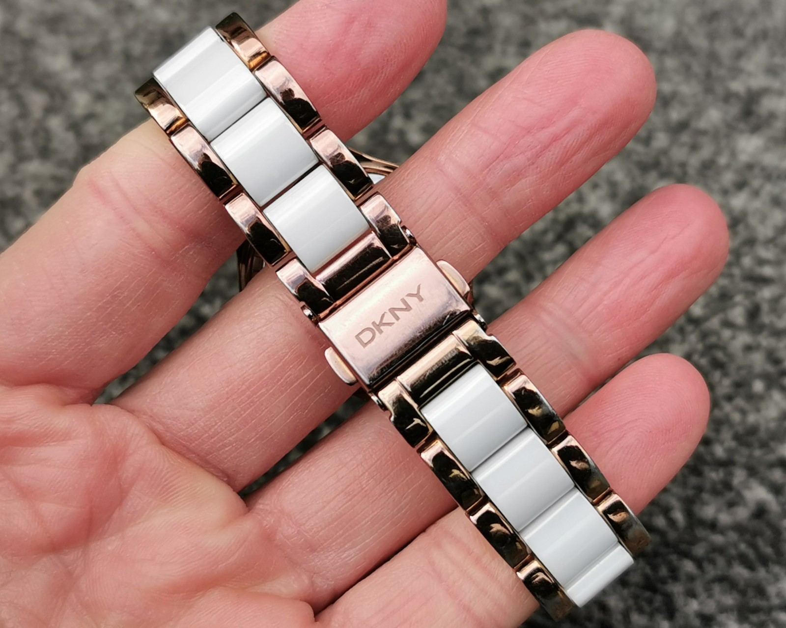 DKNY NY850 Rose Gold Watch, White Round Dial Ceramic Bracelet, Deployment Clasp