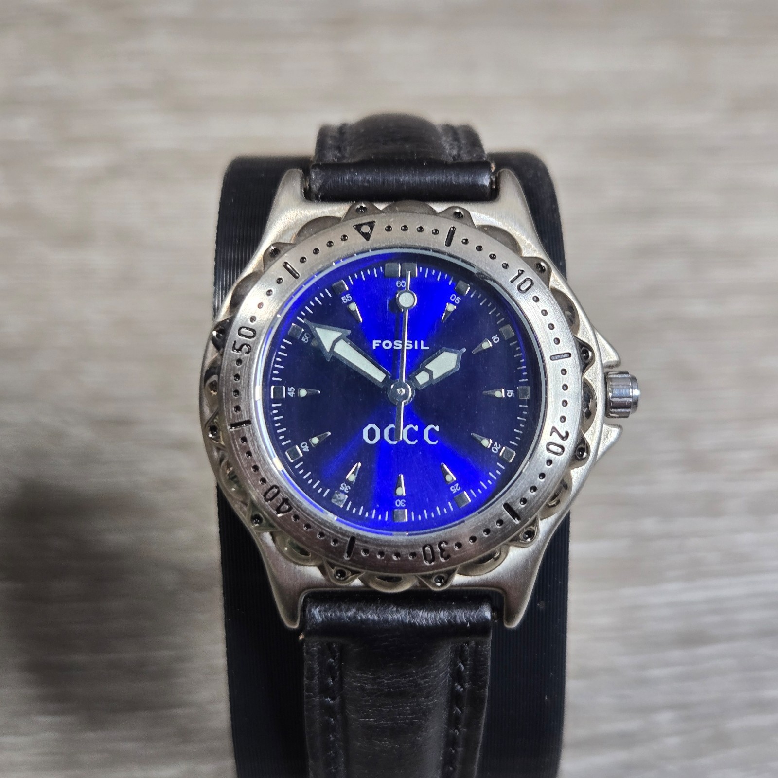 Fossil Blue PR5056 Quartz Watch Blue Dial OCCC Logo Black Leather Strap Working