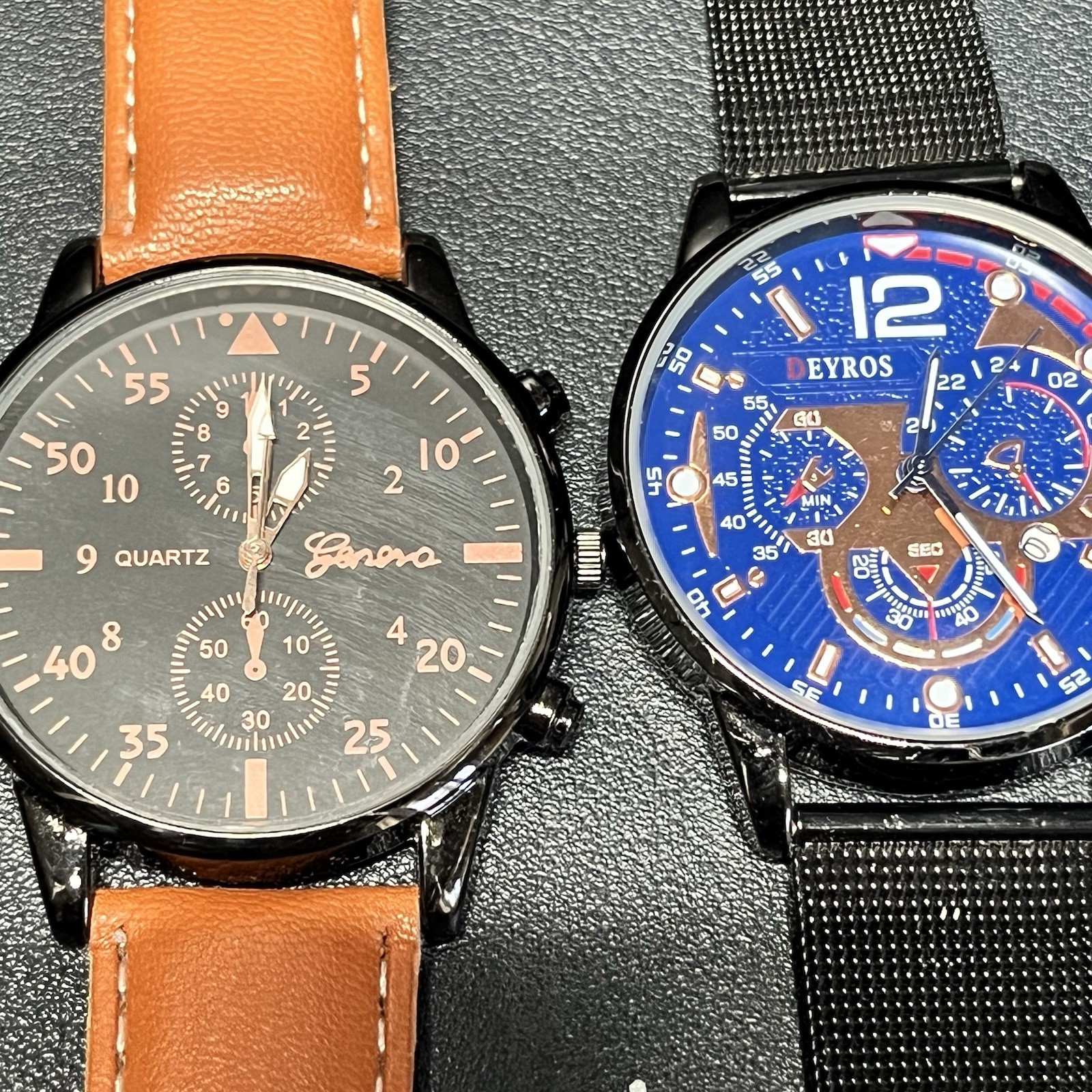 Men’s Wrist Watch Lot Of 8, Deyros Geneva PX, Black Gold Brown Tones Untested.