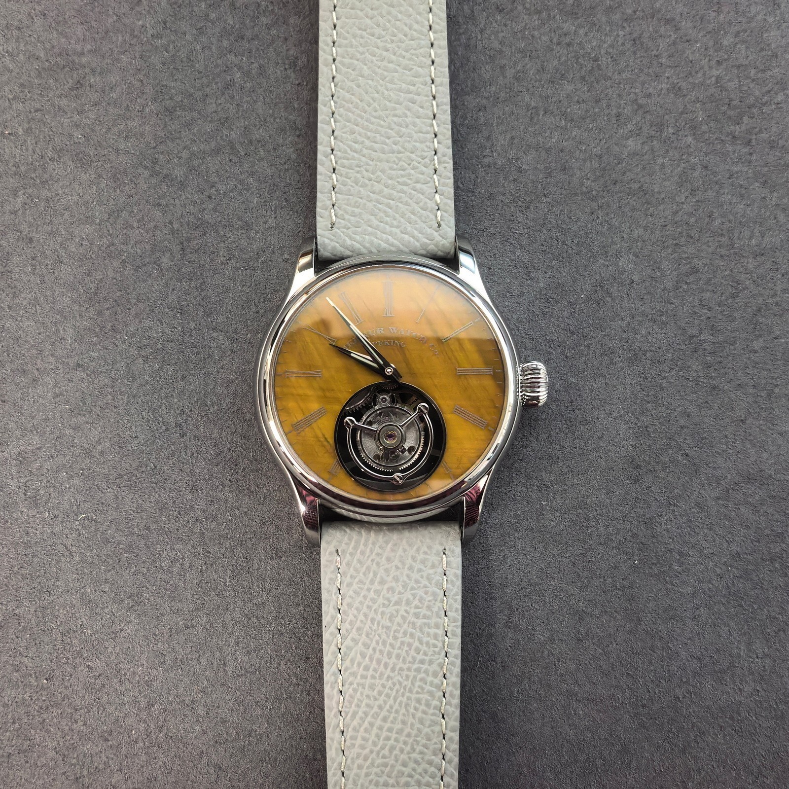 Merkur Men Tourbillon Watch 42mm Mechanical Wristwatch Sapphie Yellow Stone Dial