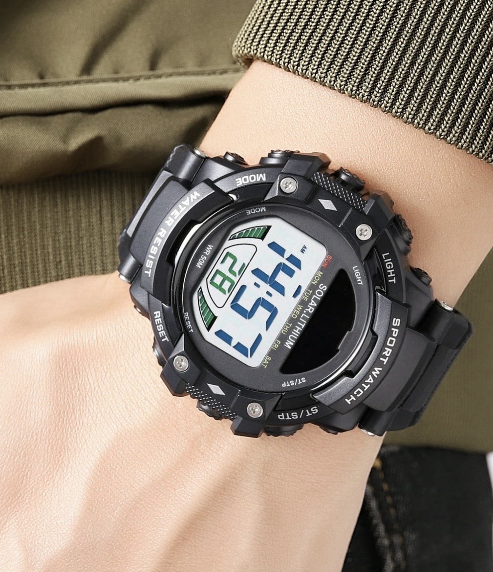 George Mens Solar Digital Wristwatch Plastic Strap, Black, Lot of 2