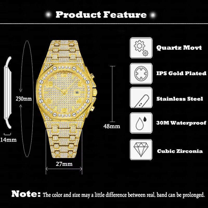 Moissanite like Zircon(AAA) diamond Quartz Watch | Octagonal Waterproof Calendar