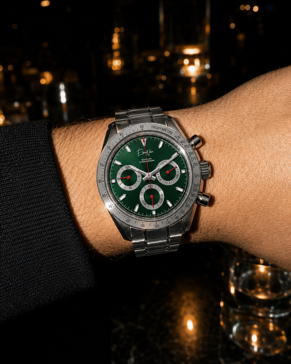 Élan Noir Chronograph Watch VK63 Green & Red Sapphire Crystal Steel 40mm