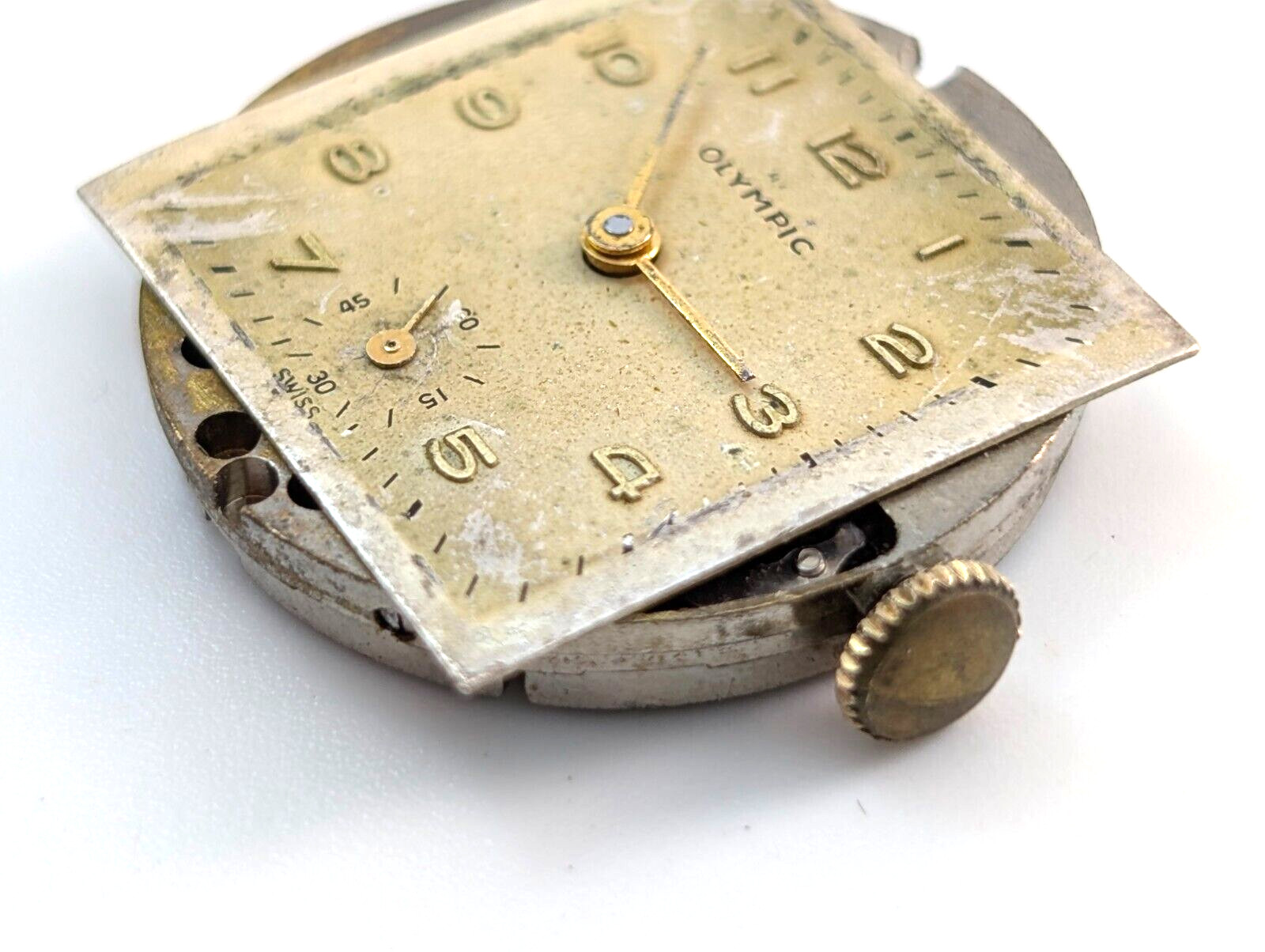 Vintage OLYMPIC Gsell & Co 7j 28mm Swiss Watch Movement & Rear Case PARTS REPAIR
