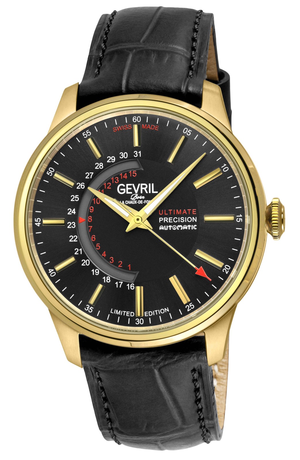 Guggenheim Gevril Men’s Guggenheim Automatic IP Gold, Case, Black Dial, Genuine