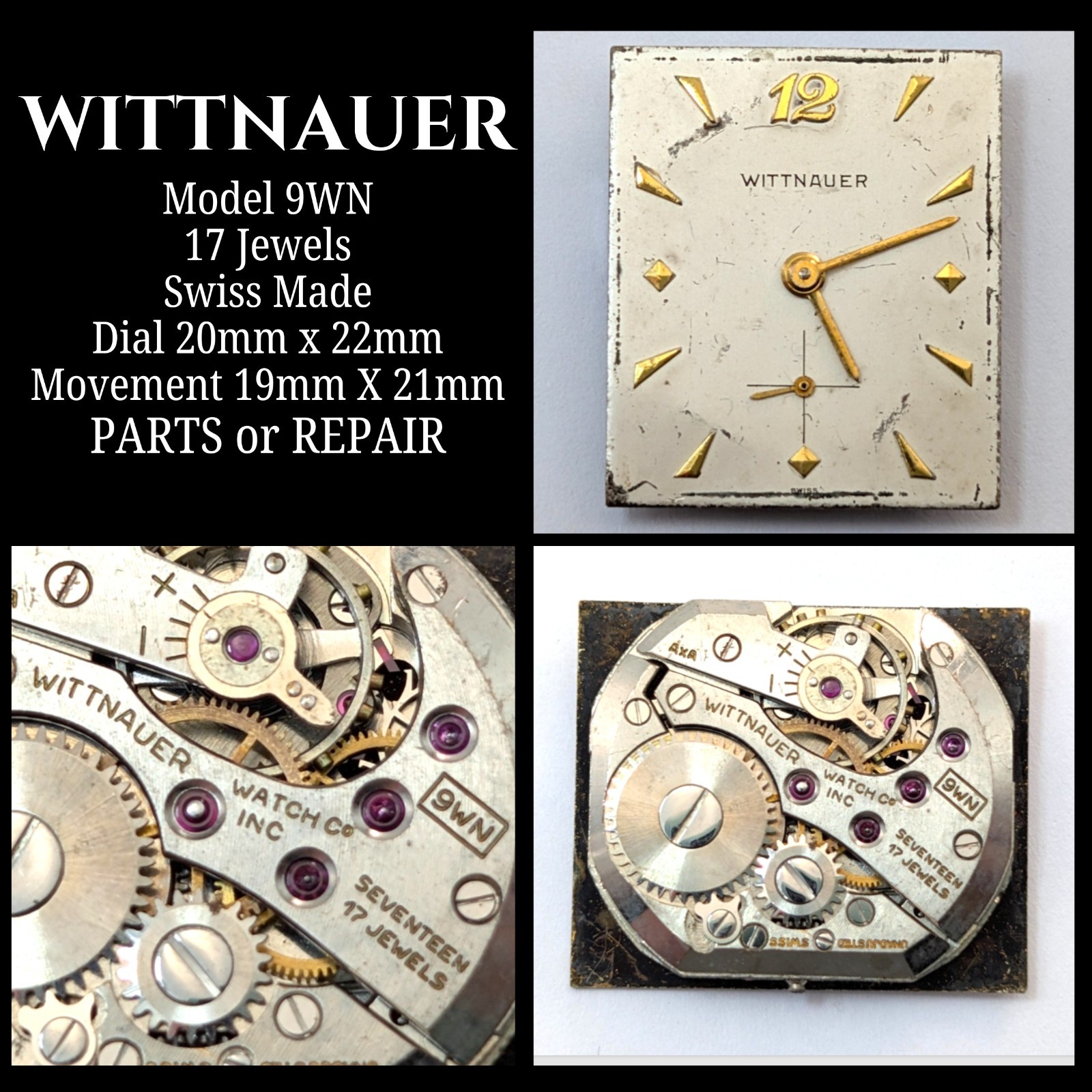 WITTNAUER 9WN 17 Jewels Vintage Men’s 20mm Swiss Watch Movement PARTS REPAIR